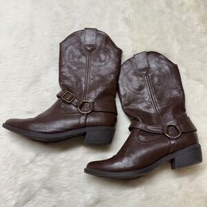 SO‎ Genuine Brown Faux Leather Western Cowboy Boots Size 6 Medium Buckle Accent